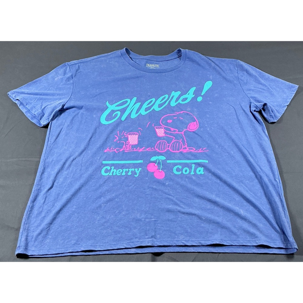 Peanuts Snoopy Cheers Cherry Cola Graphic Tee Blue Mineral Wash XXL New